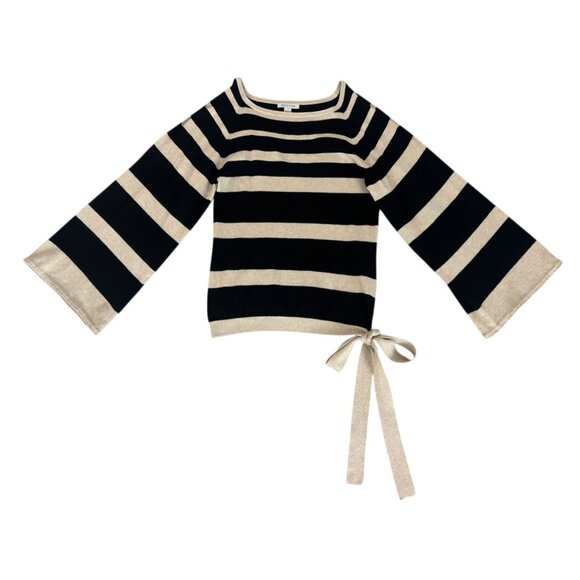 Boston Proper Black Tan Striped Soft Sweater Cold Shoulder Size XS Knit Top Fall - Picture 3 of 7